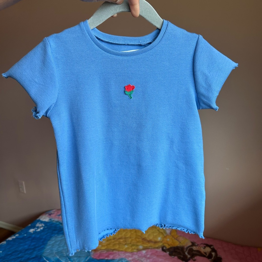 Zara Blue Tee with Red Rose Embroidery